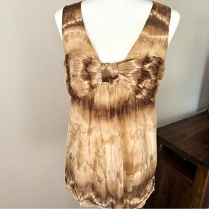 Anne Klein Tie Dye Bow Front Sleeveless Tunic Top Beige Brown Medium